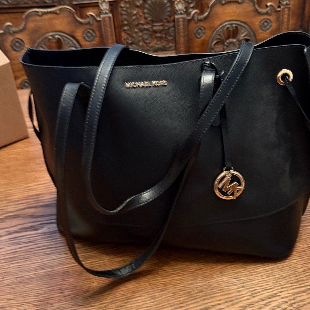 Michael Kors Black Leather Tote with Gold Accents
